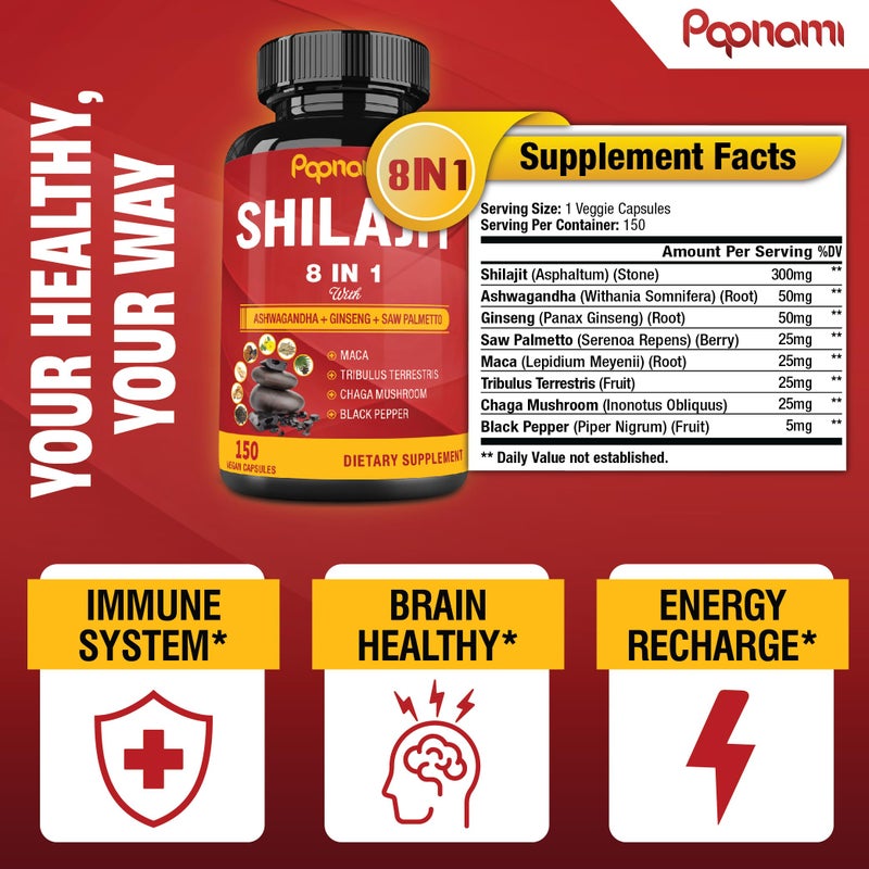 Papnami Shilajit Himalayan Supplement for Men & Women - 150 Capsules Combined Ashwagandha, Ginseng, Saw Palmetto, Maca, Tribulus, Chaga & Black Pepper - Vitality Energy and Immune Supports - Image 3